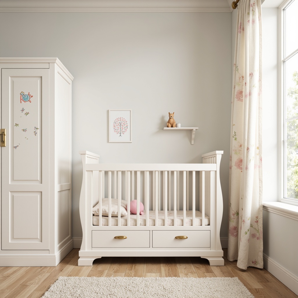 Prompt: Soft pastel colors, gentle textures, calm atmosphere, modern crib, minimalist decor, white furniture, soft-close drawers, rounded edges, safety outlets, colorful wall decals, whimsical patterns, cream-colored carpet, plush area rug, natural light, sheer curtains, 3/4 composition, warm and inviting ambiance, realistic renderings.