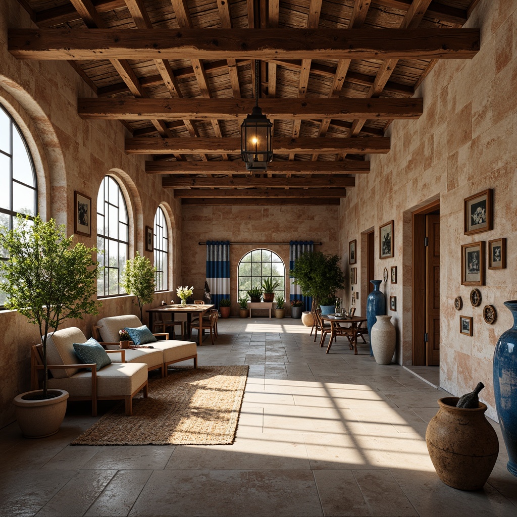 Prompt: Rustic factory interior, Mediterranean-style decor, distressed wooden beams, exposed brick walls, earthy color palette, natural stone flooring, woven textiles, vibrant azurite blue accents, ornate metalwork, decorative ceramics, lush greenery, potted olive trees, warm soft lighting, shallow depth of field, 1/1 composition, realistic textures, ambient occlusion.