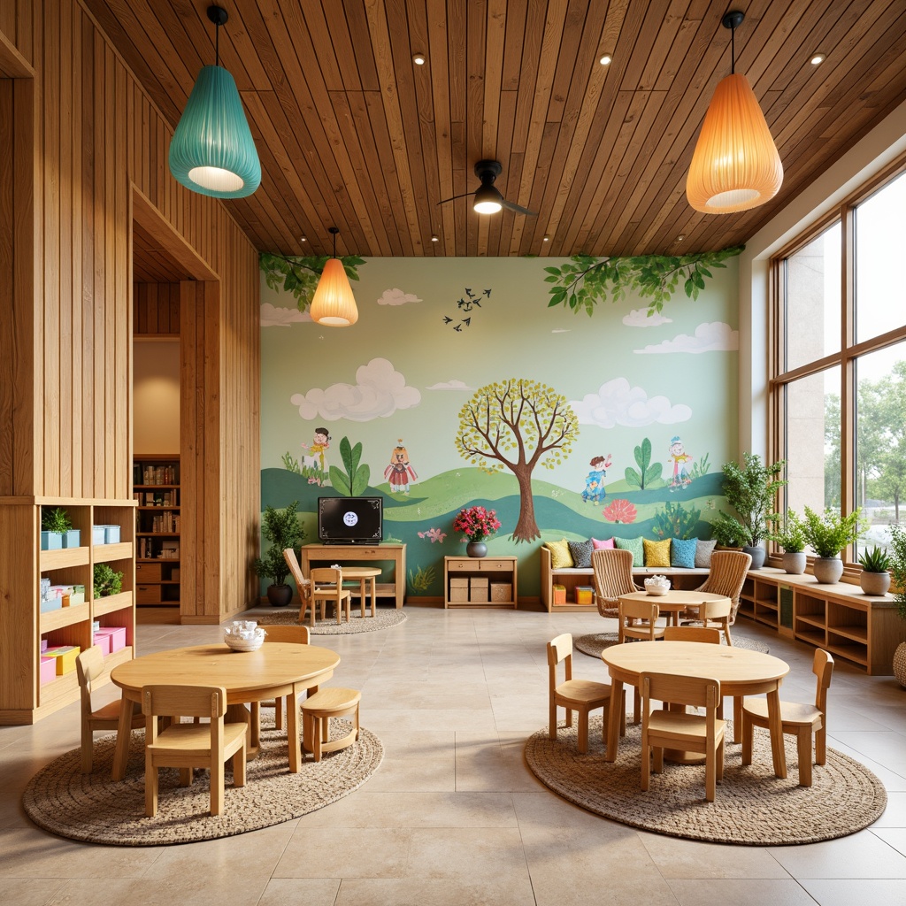 Prompt: Vibrant kindergarten interior, natural wood accents, soft pastel colors, whimsical murals, circular tables, ergonomic chairs, colorful storage bins, woven baskets, plush area rugs, playful lighting fixtures, lantern-inspired pendants, warm beige walls, sliding glass doors, abundant greenery, lively Asian-inspired patterns, intricate wooden carvings, rounded edges, cozy reading nooks, interactive play structures, educational display shelves, gentle ambient lighting, shallow depth of field, 1/1 composition, realistic textures, ambient occlusion.