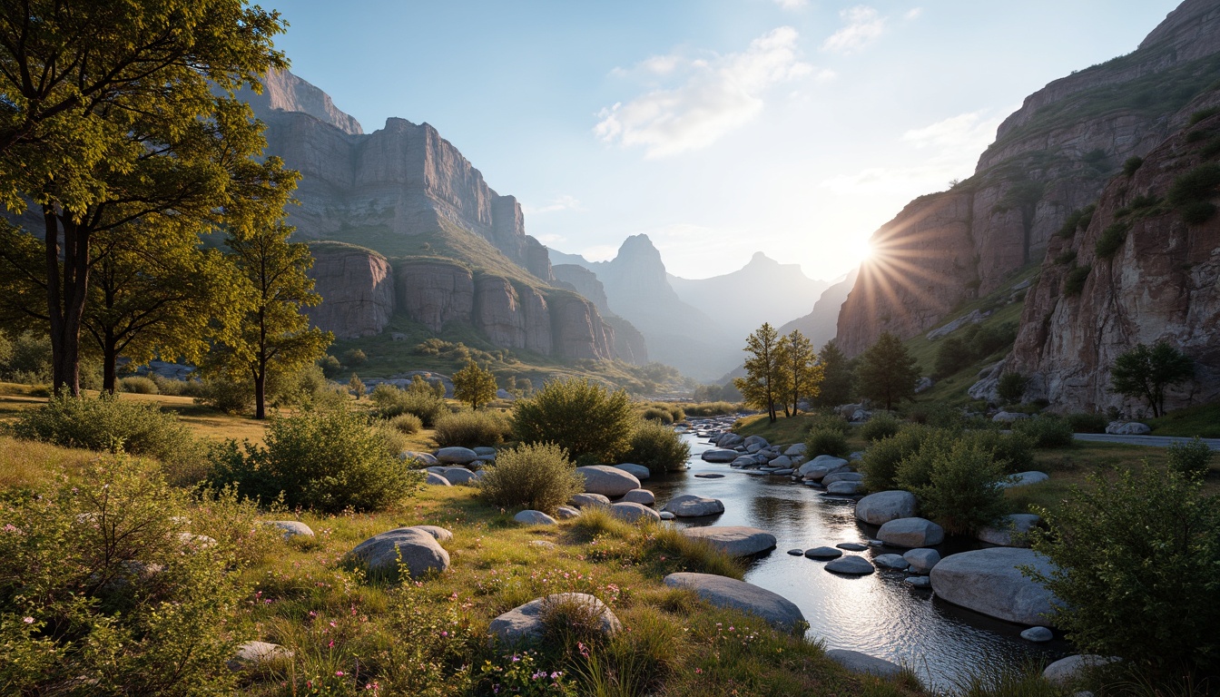 Prompt: Earthy tones, mossy greens, sky blues, sandy beiges, driftwood grays, river rock textures, organic shapes, natural stone formations, blooming wildflowers, misty dawn lighting, warm sunsets, atmospheric perspective, 1/1 composition, realistic foliage, ambient occlusion.