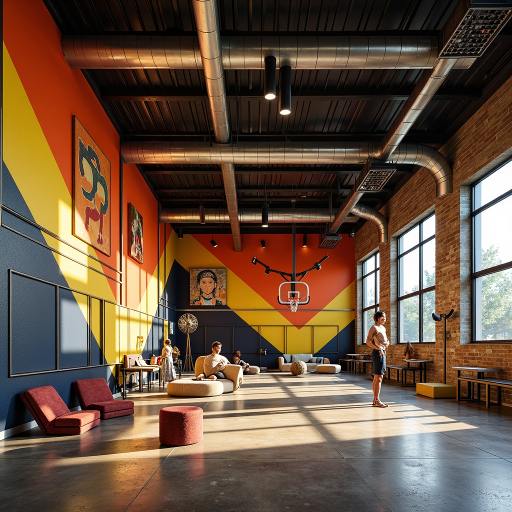 Prompt: Vibrant gymnasium interior, postmodernist style, bold color blocking, geometric patterns, textured walls, exposed ductwork, industrial chic lighting, polished concrete floors, metallic accents, distressed wood paneling, abstract art installations, eclectic furniture arrangements, oversized athletic equipment, dynamic shadows, dramatic high ceilings, warm atmospheric lighting, 1/2 composition, wide-angle lens, realistic reflections, ambient occlusion.