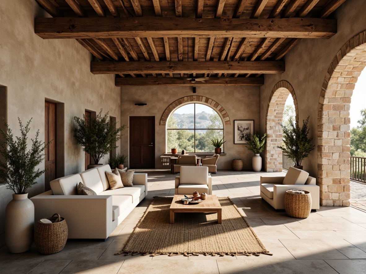 Prompt: Rustic industrial factory, Mediterranean-inspired interior design, worn stone walls, distressed wood beams, exposed brick ceilings, earthy tone color palette, natural textiles, woven baskets, jute rugs, linen fabrics, ceramic vases, potted olive trees, warm ambient lighting, soft shadows, shallow depth of field, 1/2 composition, realistic textures, subtle reflections.