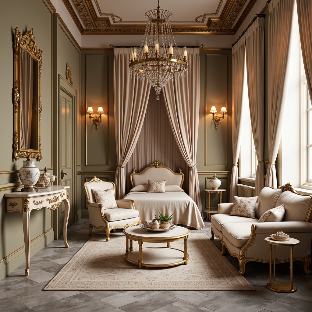 Prompt: Luxurious boudoir, soft velvet drapes, ornate gold frames, delicate porcelain vases, intricately carved wooden furniture, plush silk upholstery, lavish crystal chandeliers, pastel-hued walls, subtle sheen on metallic accents, intricate lace patterns, whimsical floral motifs, opulent marble floors, dramatic curved lines, elegant Rococo details, warm golden lighting, shallow depth of field, 1/2 composition, soft focus effect, realistic textures, ambient occlusion.