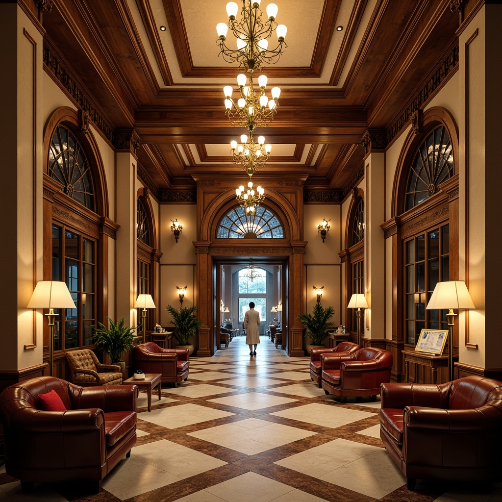 Prompt: Elegant healthcare center, grand foyer, ornate chandeliers, rich wood tones, intricate carvings, sturdy stone columns, luxurious velvet upholstery, tufted leather armchairs, dramatic archways, stained glass windows, warm golden lighting, 1/2 composition, symmetrical balance, realistic textures, ambient occlusion.