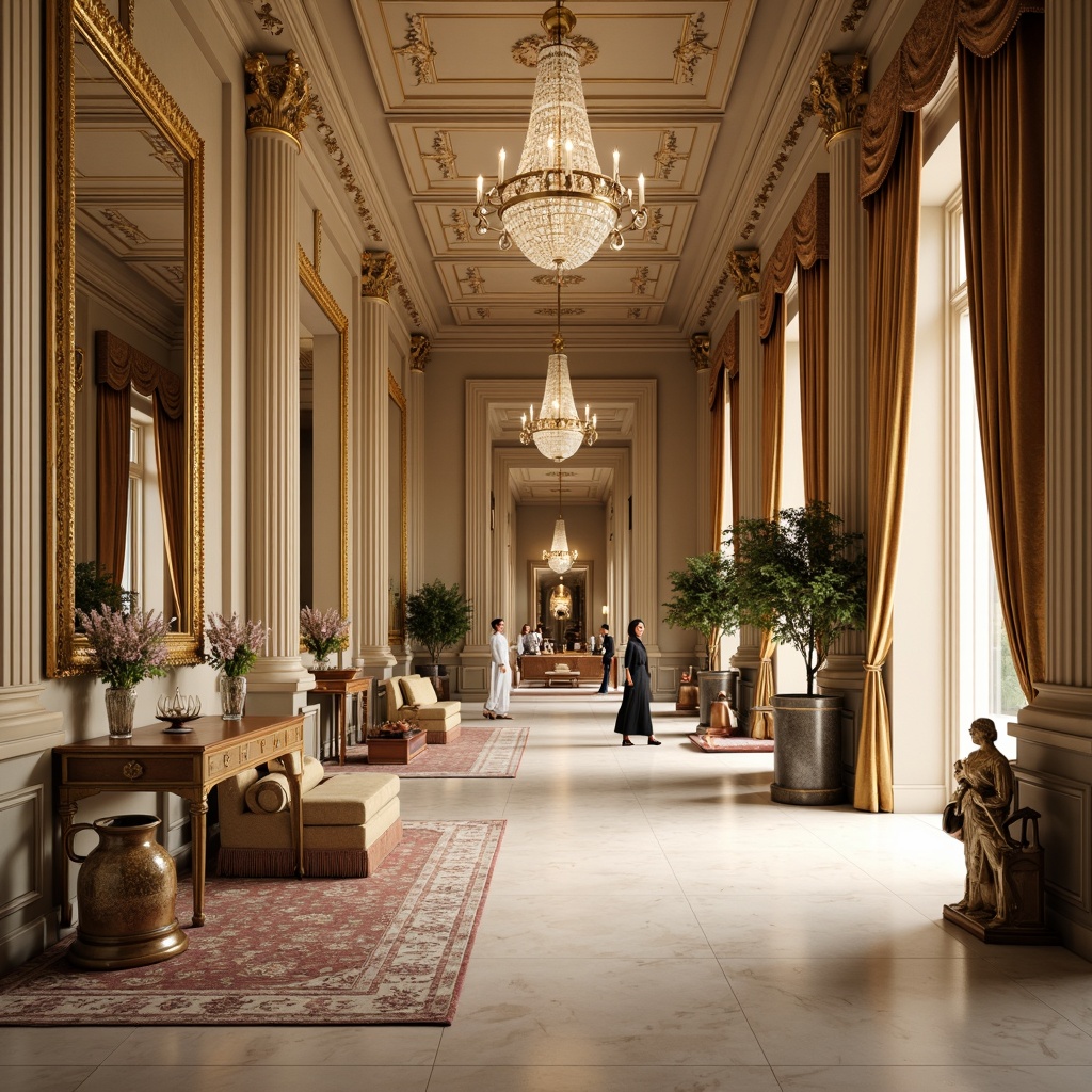 Prompt: Elegant neoclassical interior, rich wood tones, ornate moldings, neutral beige walls, creamy white marble floors, soft golden lighting, classical columns, intricately carved furniture, subtle patterned rugs, ornamental mirrors, luxurious velvet drapes, sophisticated crystal chandeliers, warm earthy colors, refined architectural details, 1/1 composition, shallow depth of field, soft focus, realistic textures, ambient occlusion.