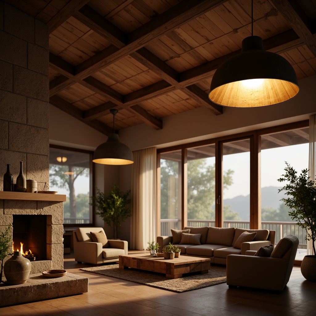 Prompt: Warm pendant lamps, rustic metal shades, soft warm glow, cozy living room, wooden ceiling beams, natural stone walls, earthy color palette, comfortable seating areas, floor-to-ceiling windows, sheer curtains, subtle lighting, ambient shadows, 1/2 composition, intimate atmosphere, realistic textures, morning light, gentle illumination.