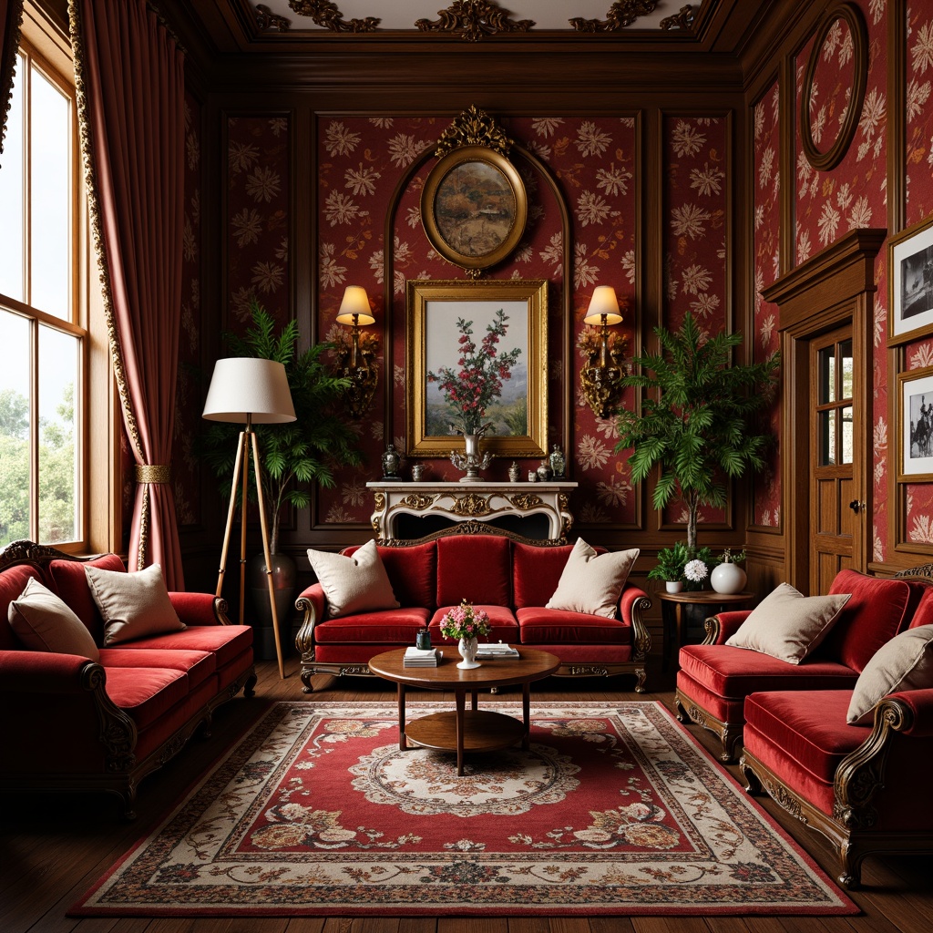 Prompt: Opulent Victorian living room, rich velvet fabrics, intricate floral patterns, heavy drapery, tassel trim, luxurious silk upholstery, ornate carved wooden furniture, lavish satin curtains, subtle sheen, warm golden lighting, soft focus, 1/2 composition, inviting atmosphere, realistic textures, ambient occlusion.