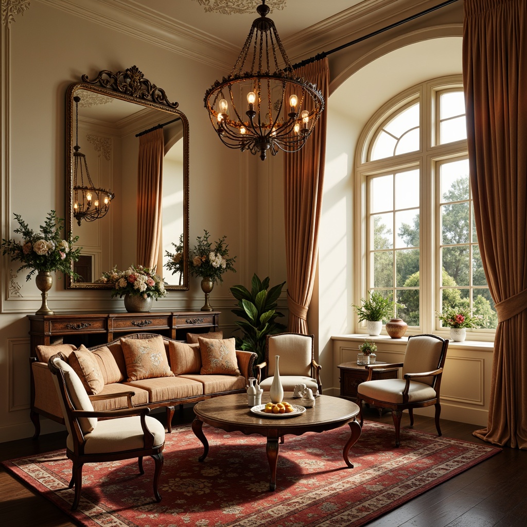 Prompt: Luxurious velvet fabrics, intricately carved wooden furniture, gilded metal accents, ornate mirror frames, soft cream-colored walls, opulent chandeliers, lavish flower arrangements, delicate porcelain vases, richly patterned rugs, subtle gradient lighting, 1/2 composition, warm golden tones, realistic fabric textures, ambient occlusion, gentle depth of field.