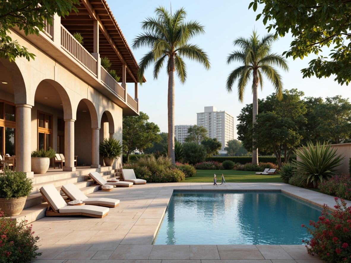 Prompt: Elegant pool deck, travertine flooring, ornate balusters, curved staircases, Roman-inspired columns, grand archways, lush greenery, vibrant flowers, majestic palm trees, soft warm lighting, shallow depth of field, 3/4 composition, panoramic view, realistic textures, ambient occlusion.