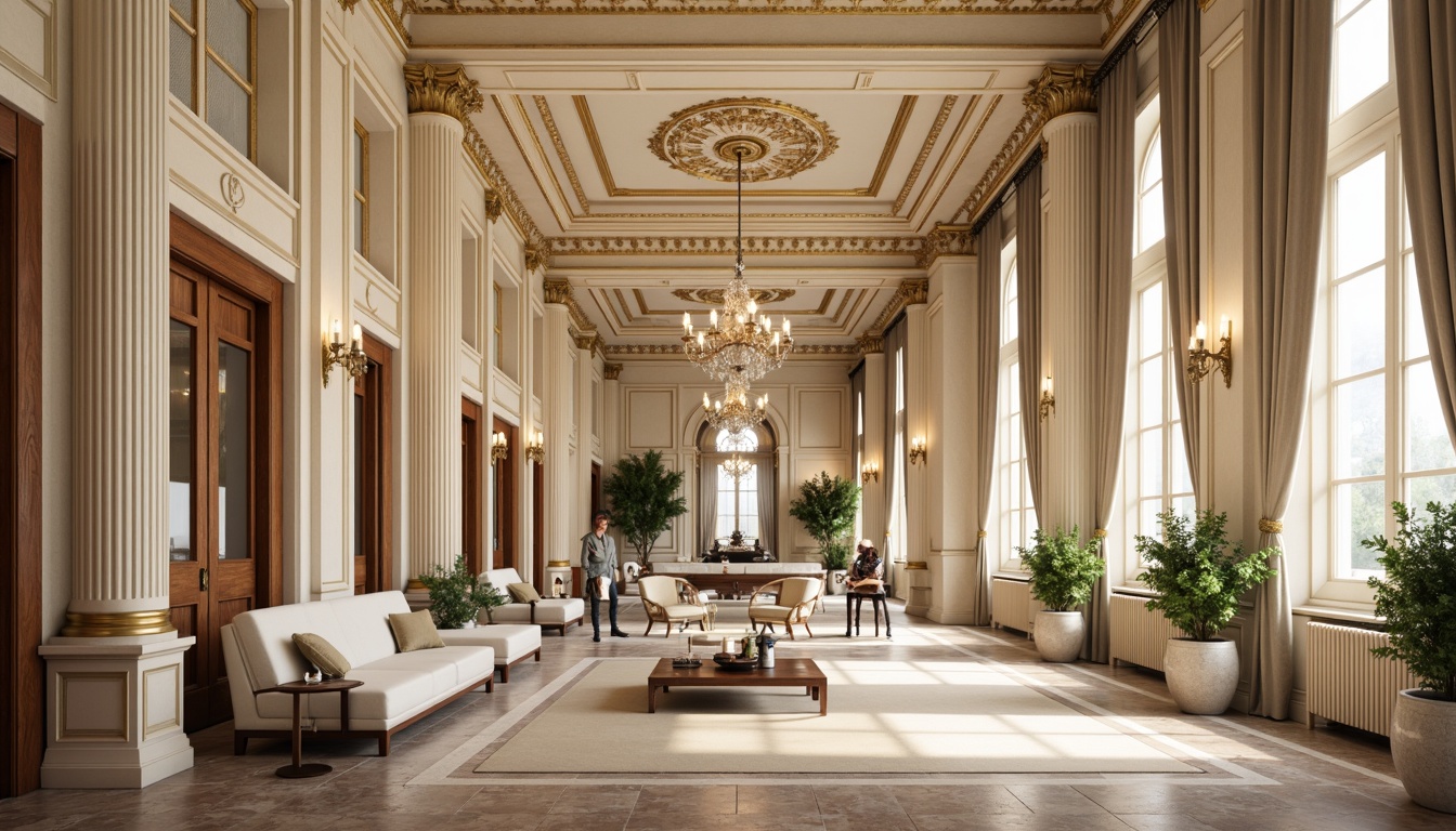 Prompt: Elegant neoclassical interior, ornate molding details, intricate patterns, subtle golden accents, soft creamy colors, refined plasterwork, decorative ceiling medallions, lavish chandeliers, rich velvet fabrics, classic columnar structures, carved wooden paneling, subtle nuanced lighting, 1/1 composition, realistic textures, ambient occlusion.