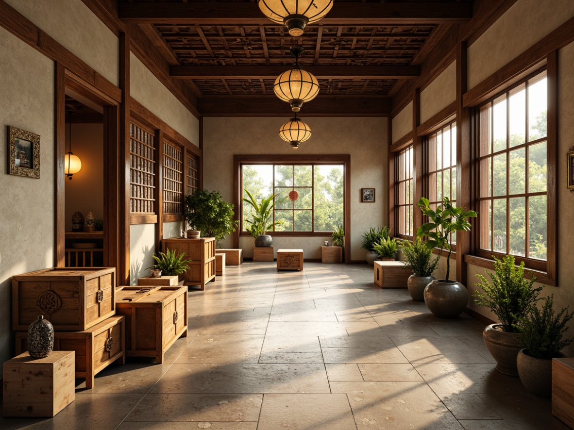 Prompt: Asian-style distribution center, polished wooden crates, rustic metal accents, natural stone flooring, warm beige walls, vibrant greenery, ornate lanterns, intricate wood carvings, traditional Japanese shoji screens, sliding glass doors, modern minimalist lighting, subtle texture overlays, ambient occlusion, 1/1 composition, softbox lighting, realistic reflections.