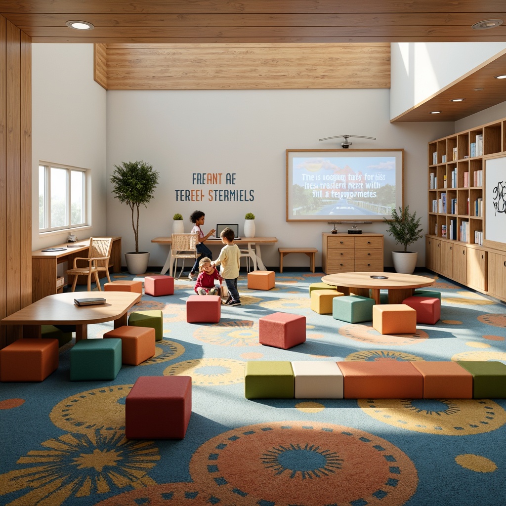 Prompt: Vibrant elementary school classrooms, collaborative learning spaces, colorful modular furniture, interactive whiteboards, ergonomic chairs, soft carpeted floors, natural light pouring in, warm wooden accents, flexible seating arrangements, educational technology integration, fun geometric shapes, inspirational quotes on walls, cozy reading nooks, stimulating art displays, dynamic lighting systems, 1/1 composition, shallow depth of field, realistic textures.