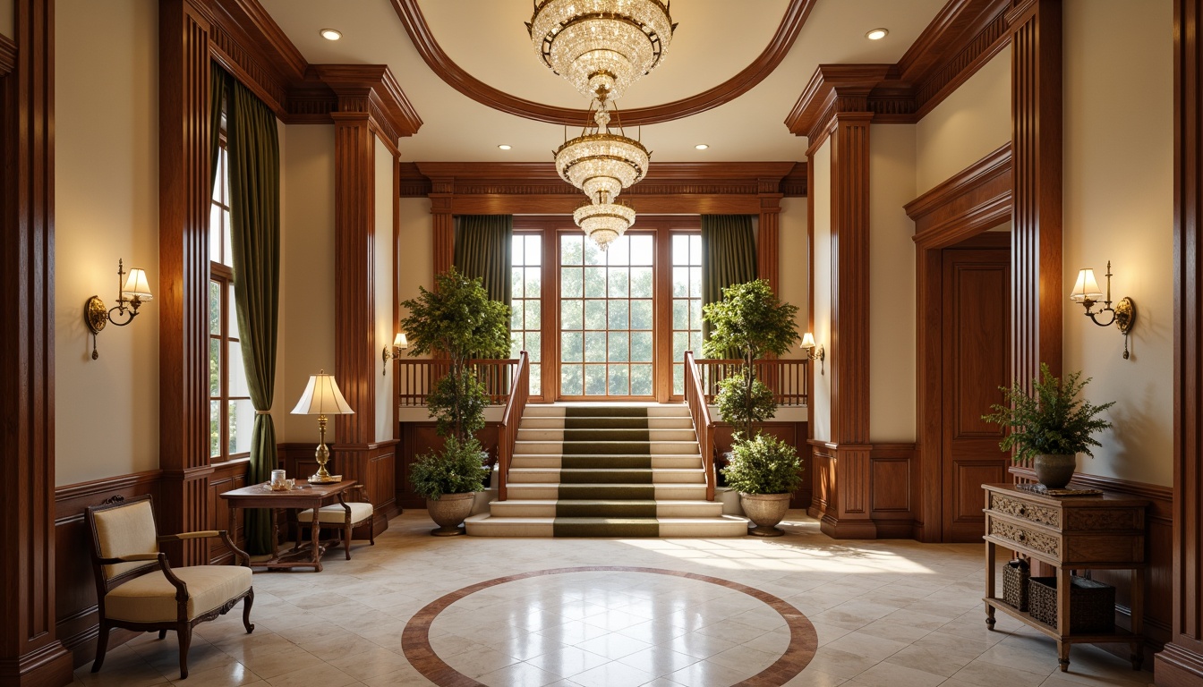 Prompt: Luxurious mansion, grand entrance hall, sweeping staircase, ornate chandelier, rich wood paneling, marble flooring, intricate moldings, soft cream walls, golden accents, crystal door handles, plush velvet drapes, antique furniture pieces, subtle lighting, shallow depth of field, 1/1 composition, warm color palette, realistic textures, ambient occlusion.