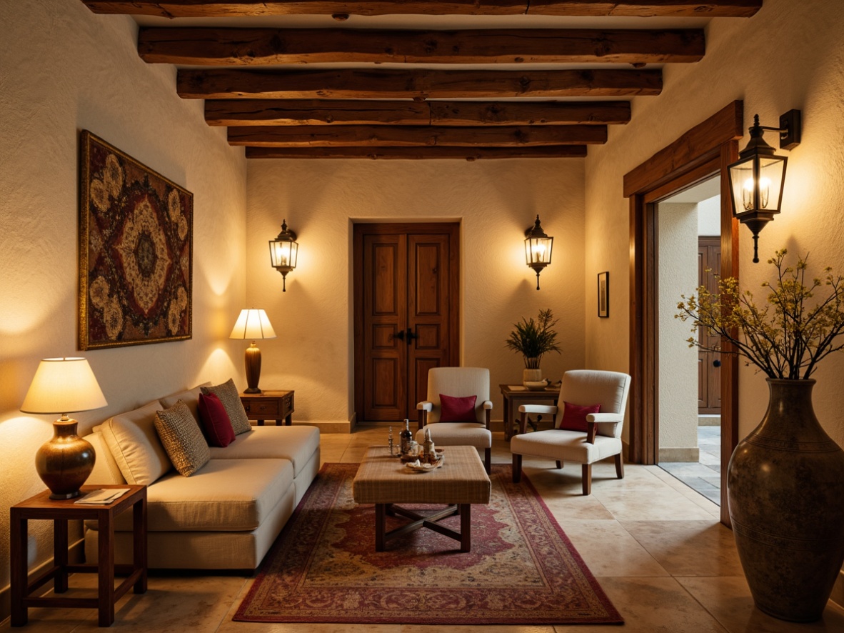 Prompt: Warm Mediterranean interior, soft golden lighting, rustic wooden beams, creamy stone walls, ornate metal lanterns, warm-toned ceramics, natural fiber textiles, earthy color palette, cozy nooks, intimate ambiance, table lamps with linen shades, floor lamps with distressed wood, pendant lights with glass drops, LED candles, subtle shadows, warm white light, 1/2 composition, shallow depth of field, realistic textures.