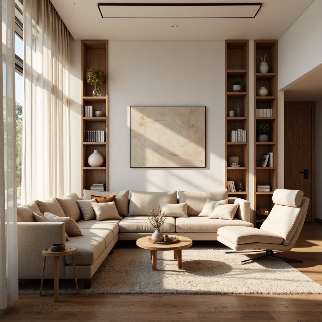 Prompt: Cozy living room, plush sofa, soft velvet upholstery, warm beige colors, natural wood accents, minimal ornamentation, functional storage units, ergonomic chair design, calming ambiance, abundant natural light, sheer curtains, subtle texture contrasts, soothing color palette, 1/1 composition, realistic fabric simulations, ambient occlusion.