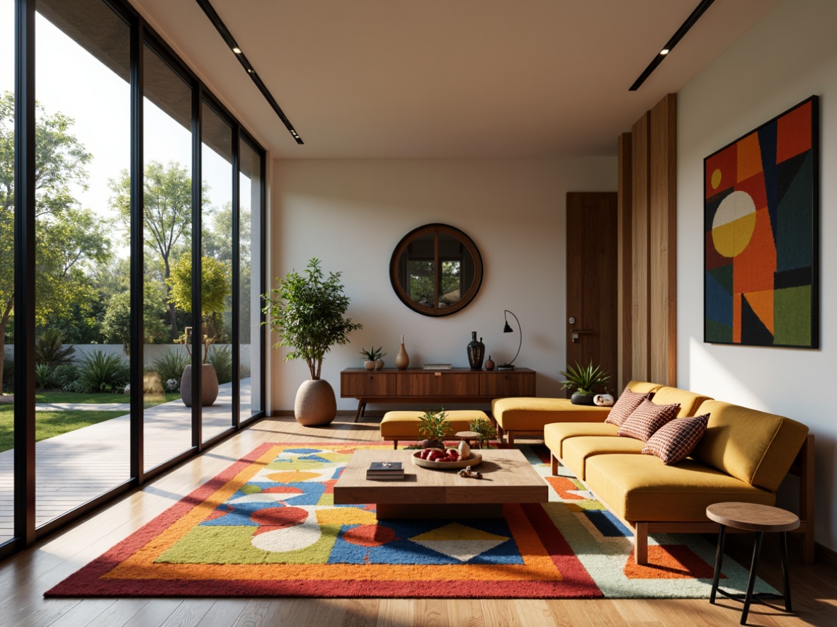 Prompt: Mid-century modern living room, bold geometric patterns, vibrant colorful textiles, sleek low-profile furniture, minimalist decor, natural materials, wooden accents, earthy tone color palette, abundant natural light, floor-to-ceiling windows, sliding glass doors, lush greenery, abstract artwork, decorative sculptures, warm ambient lighting, 1/2 composition, shallow depth of field, realistic textures.