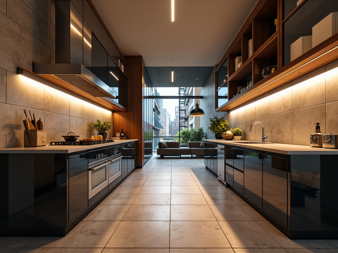 Prompt: Streamlined kitchen, modern cabinetry, sleek handleless doors, glossy acrylic surfaces, minimalist chrome hardware, warm LED lighting, spacious countertops, rich wood tones, industrial-style metal accents, geometric tile backsplashes, large format porcelain floors, urban loft-inspired aesthetic, open shelving, concealed appliances, futuristic faucet designs, bold color blocking, 1/1 composition, shallow depth of field, softbox lighting, realistic reflections.