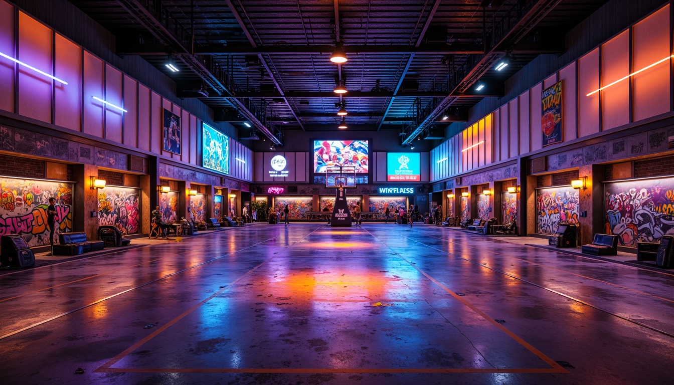 Prompt: Neon-lit gymnasium, bold athletic equipment, vibrant sports jerseys, abstract graffiti murals, distressed concrete walls, industrial metal beams, reclaimed wood accents, eclectic patterned flooring, pop art-inspired signage, avant-garde lighting fixtures, warm sunset hues, deep blue tones, electric orange accents, bright yellow highlights, rich purple undertones, high-contrast shading, gritty textures, urban grittiness, dynamic composition, 2.5D perspective, abstract expressionism.Note