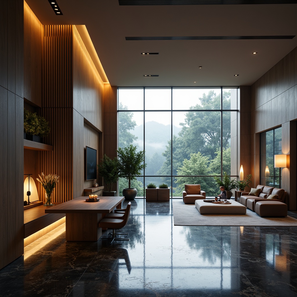 Prompt: Streamlined modern interior, sleek minimalist decor, polished chrome accents, luxurious marble floors, ambient warm lighting, soft glowing lamps, floor-to-ceiling windows, natural daylight pouring in, subtle gradient shadows, high-contrast color scheme, 1/1 composition, cinematic camera angle, realistic reflections, soft focus blur, atmospheric misting effect.