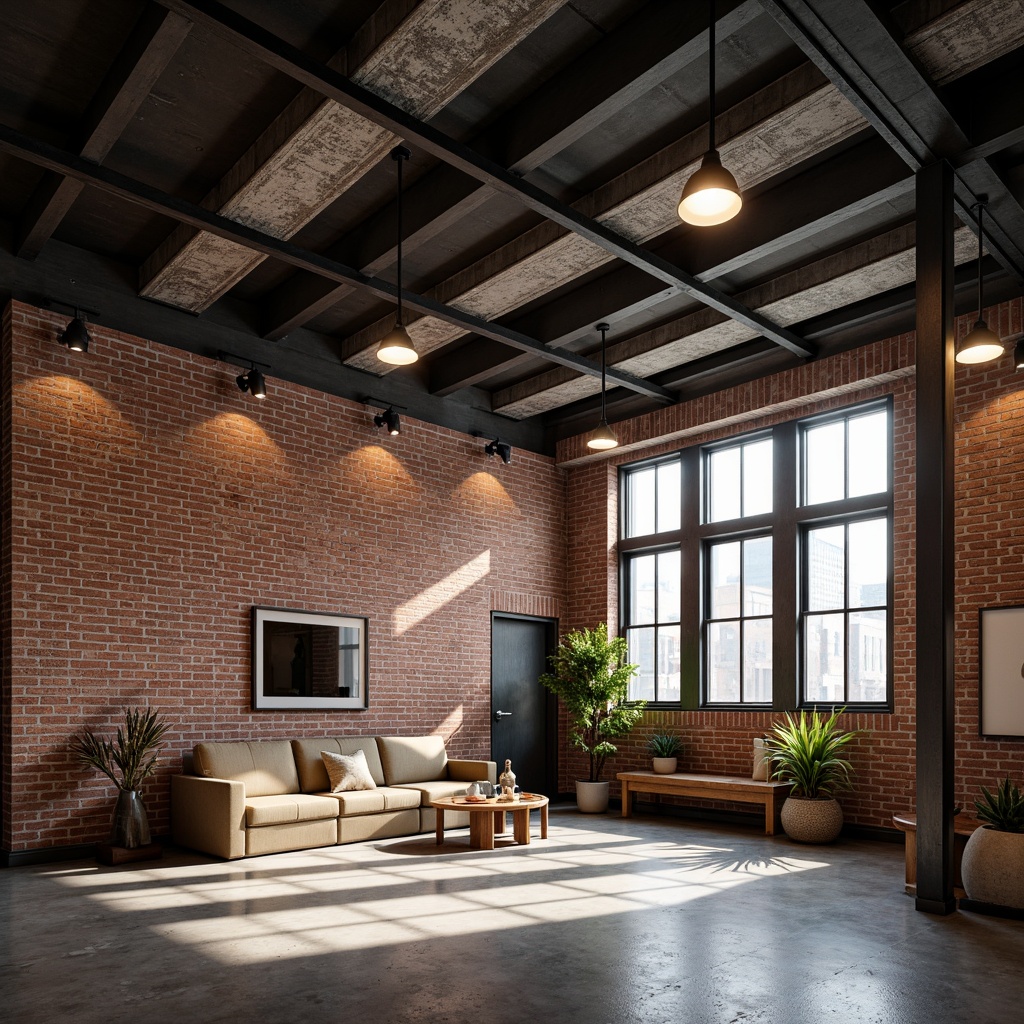 Prompt: Industrial warehouse interior, Scandinavian aesthetic, exposed brick walls, polished concrete floors, metal beams, minimalist decor, functional lighting, suspended LED lamps, industrial-style pendant lights, warm ambient glow, softbox lighting, diffused indirect illumination, high ceilings, open spaces, minimal shadows, 1/1 composition, realistic textures, ambient occlusion.