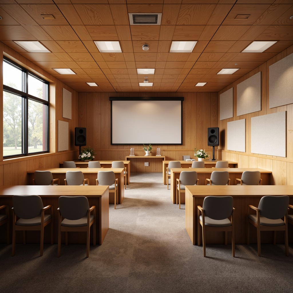 Prompt: Cozy classroom interior, warm wood accents, sound-absorbing panels, minimal reverberation, optimal speaker placement, clear audio clarity, soft carpet flooring, upholstered chairs, rounded table edges, acoustic ceiling tiles, natural light pouring, calm atmosphere, 1/1 composition, shallow depth of field, realistic textures, ambient occlusion.