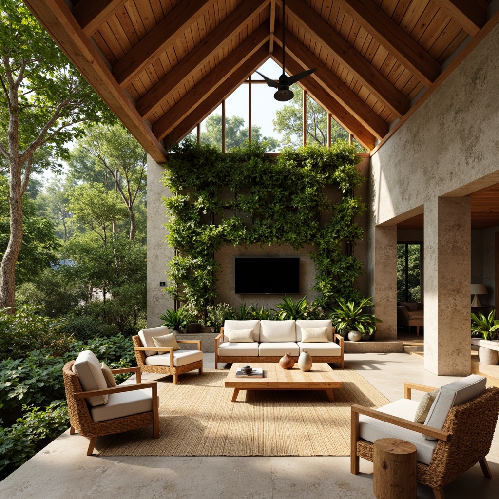 Prompt: Organic modern home, reclaimed wood accents, natural stone walls, earthy color palette, lush greenery, living walls, bamboo flooring, woven textiles, rattan furniture, eco-friendly materials, sustainable design, minimalist decor, warm ambient lighting, soft shadows, shallow depth of field, 3/4 composition, panoramic view, realistic textures, ambient occlusion.