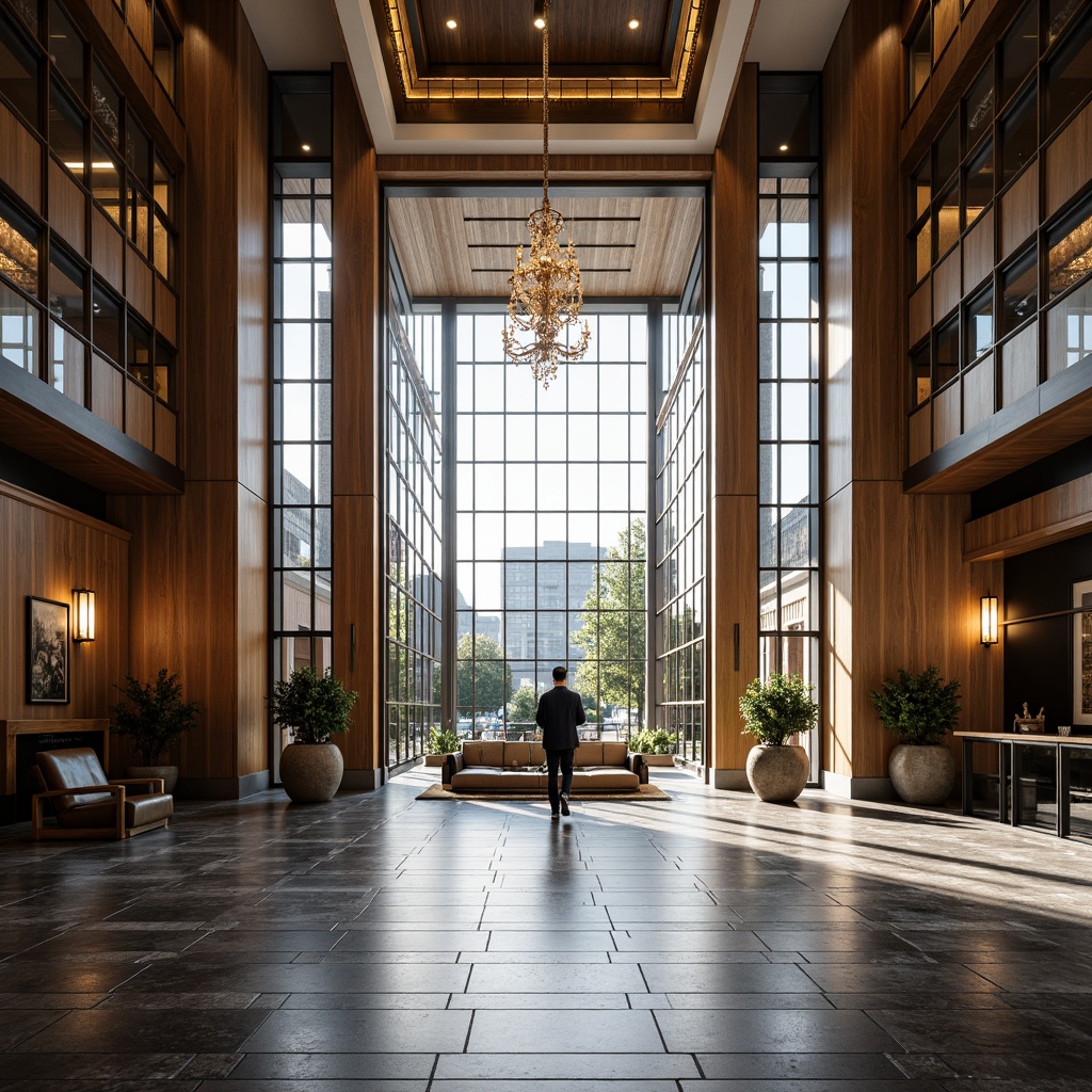 Prompt: Grand courthouse building, sleek modern fa\u00e7ade, bold angular lines, large glass windows, metallic accents, polished stone floors, high ceilings, ornate chandeliers, luxurious wood paneling, sophisticated color palette, natural light pouring in, dramatic shadows, 1/1 composition, shallow depth of field, realistic textures, ambient occlusion.