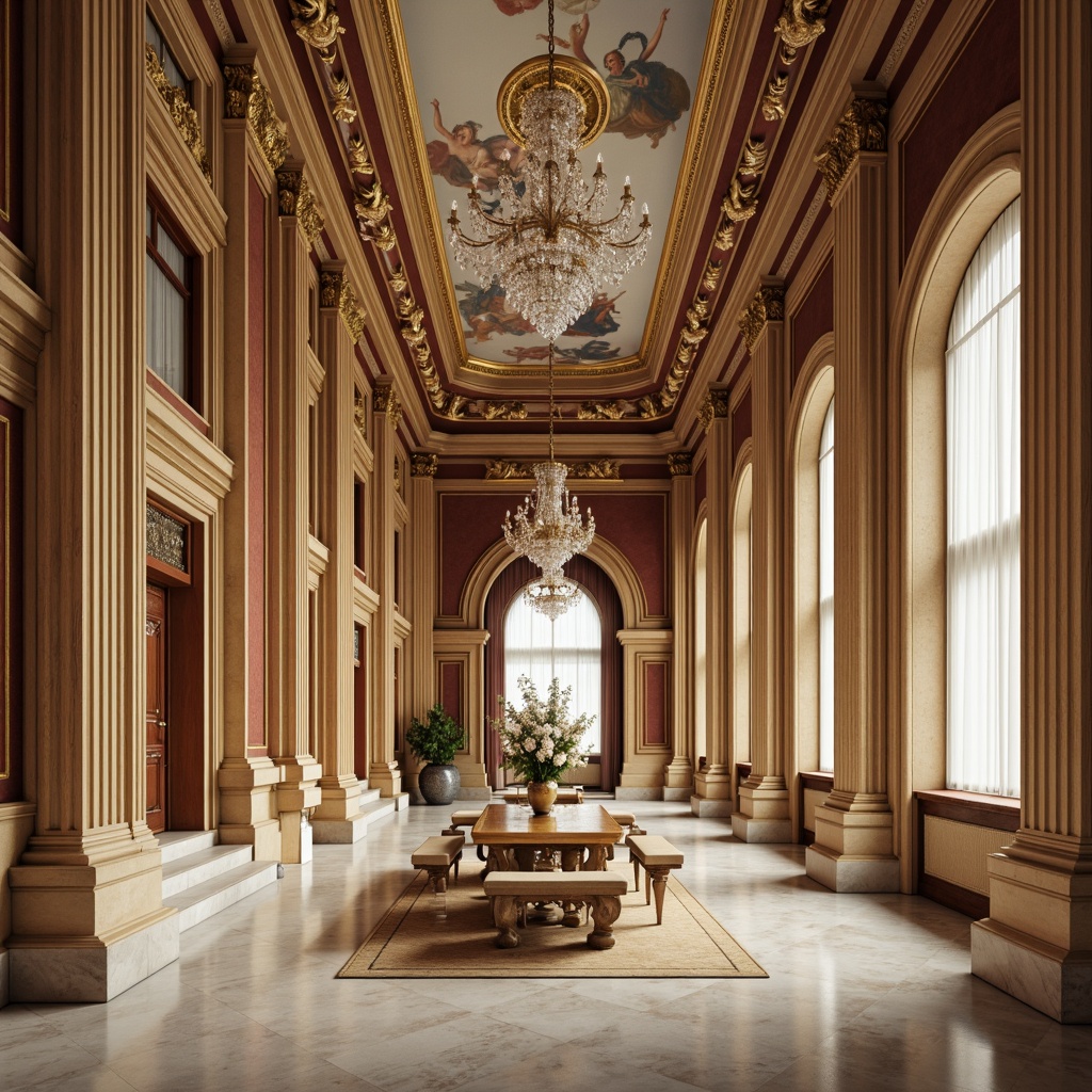 Prompt: Elegant neoclassical interior, rich wood tones, ornate moldings, soft cream hues, warm beige accents, subtle gold leafing, intricate carvings, luxurious velvet fabrics, majestic crystal chandeliers, refined marble floors, sophisticated fresco ceilings, dramatic archways, symmetrical compositions, classical proportions, subtle natural light, soft warm glow, 1/1 composition, realistic textures, ambient occlusion.