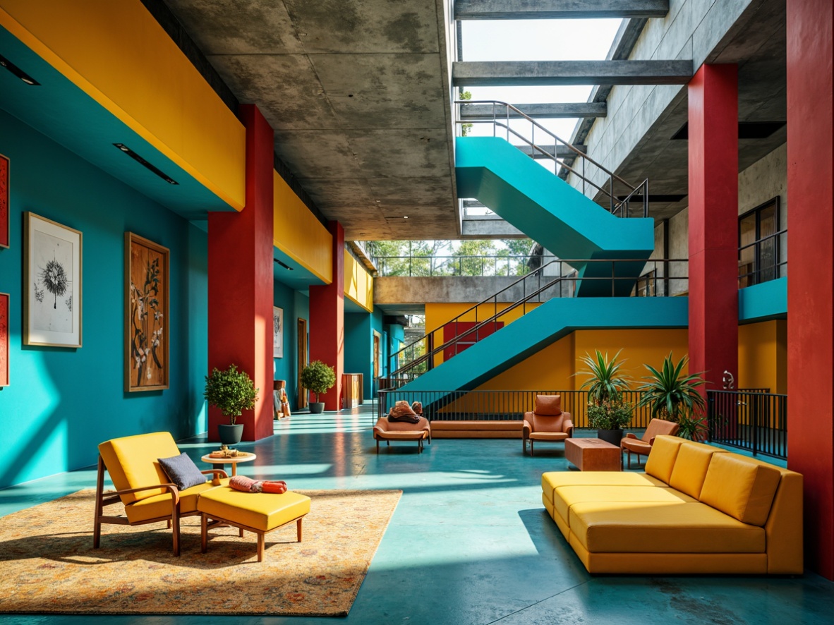 Prompt: Vibrant student hall, expressionist architecture, bold color palette, bright turquoise walls, warm golden accents, deep crimson columns, electric blue staircases, sunflower yellow furniture, abstract geometric patterns, textured concrete floors, industrial metal beams, eclectic artwork displays, dynamic lighting effects, dramatic shadows, cinematic composition, 1/2 camera angle, high contrast ratio, vivid saturation.