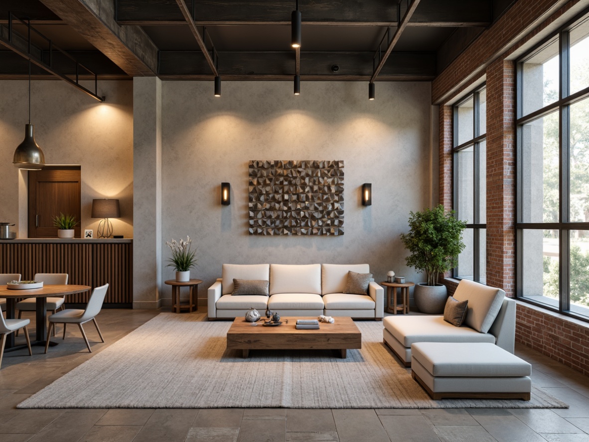 Prompt: Neutral-toned walls, textured finishes, geometric patterns, metallic accents, industrial chic decor, urban loft atmosphere, reclaimed wood features, exposed brick details, modern minimalist furniture, sleek lines, low-profile fixtures, warm ambient lighting, subtle color palette, 1/1 composition, shallow depth of field, soft focus, atmospheric perspective.