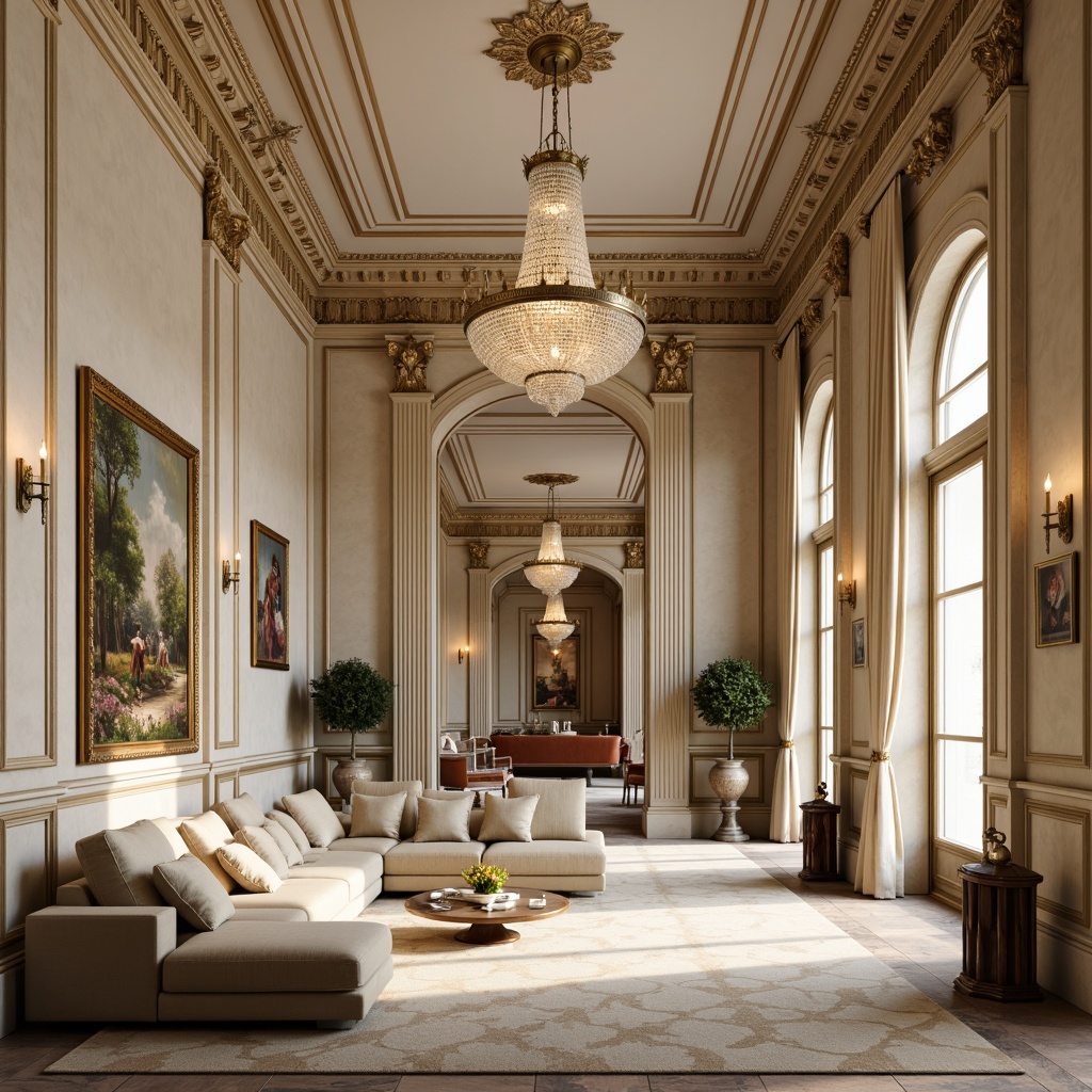 Prompt: Elegant neoclassical interior, ornate molding details, intricate carvings, rich wood tones, cream-colored walls, high ceilings, crystal chandeliers, luxurious fabrics, velvet drapes, golden accents, refined furniture pieces, subtle patterned rugs, soft warm lighting, shallow depth of field, 1/1 composition, realistic textures, ambient occlusion.