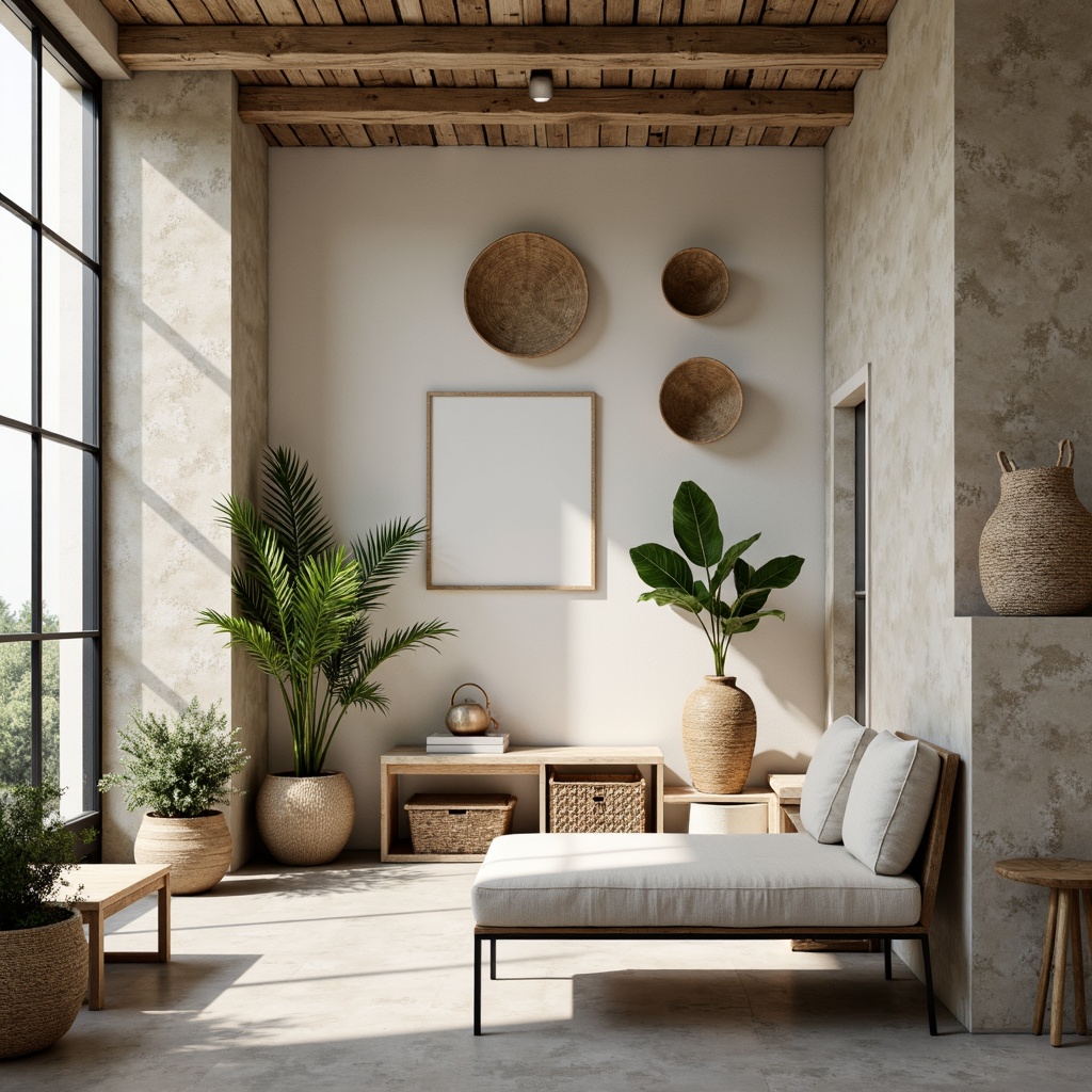 Prompt: Natural light, airy spaces, minimal decor, creamy whites, soft grays, warm beiges, reclaimed wood accents, woven baskets, greenery walls, potted plants, rustic stone floors, smooth concrete surfaces, matte black metal frames, linen upholstery, subtle patterns, earthy tones, organic shapes, wooden benches, cozy nooks, serene atmosphere, warm ambiance, soft focus, shallow depth of field, 1/1 composition, realistic textures, ambient occlusion.