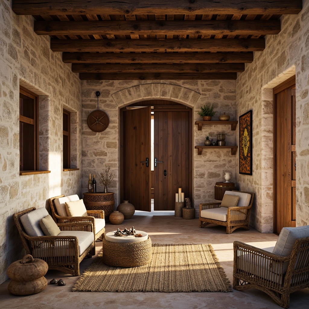 Prompt: Rustic village setting, earthy tone, natural materials, rough-hewn stone walls, weathered wood accents, terracotta roof tiles, distressed metal details, woven wicker furniture, soft linen fabrics, jute rugs, clay pottery, handmade crafts, warm candlelight, cozy atmosphere, shallow depth of field, 1/1 composition, realistic textures, ambient occlusion.