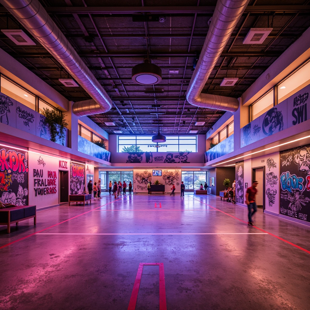 Prompt: Vibrant gymnasium interior, bold postmodernist architecture, bright neon lights, metallic accents, abstract geometric shapes, exposed ductwork, industrial-style flooring, distressed concrete walls, eclectic color palette, bold typography, graffiti-inspired murals, urban aesthetic, dynamic angles, playful curves, pop art influences, retro-futuristic vibe, warm ambient lighting, soft focus blur, 1/2 composition, cinematic atmosphere, realistic textures, advanced shading techniques.