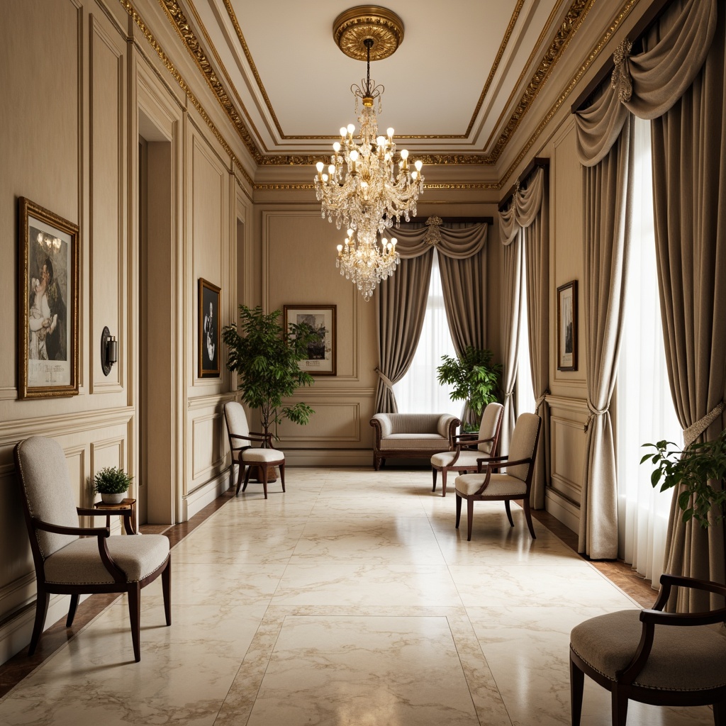 Prompt: Elegant neoclassical interior, cream marble floors, ornate moldings, gilded accents, rich wood tones, luxurious fabrics, velvet drapes, crystal chandeliers, soft warm lighting, muted earthy colors, beige walls, creamy whites, subtle grays, taupe upholstery, golden frames, intricate patterns, refined textures, classical proportions, symmetrical compositions, subtle arches, ornate ceiling details.