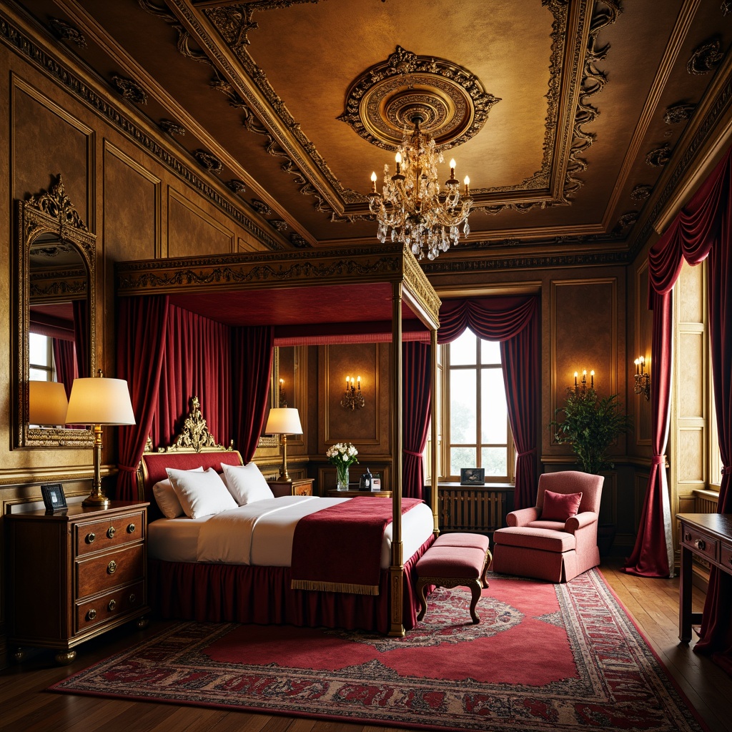 Prompt: Opulent bedroom, rich velvet drapes, intricately carved wooden furniture, gilded mirrors, ornate gold leaf patterns, lavish chandeliers, grandiose four-poster beds, plush area rugs, heavy brocade fabrics, majestic ceiling frescoes, Baroque-inspired architectural details, dramatic lighting, warm golden tones, soft focus, shallow depth of field, 1/1 composition, romantic atmosphere, realistic textures, ambient occlusion.