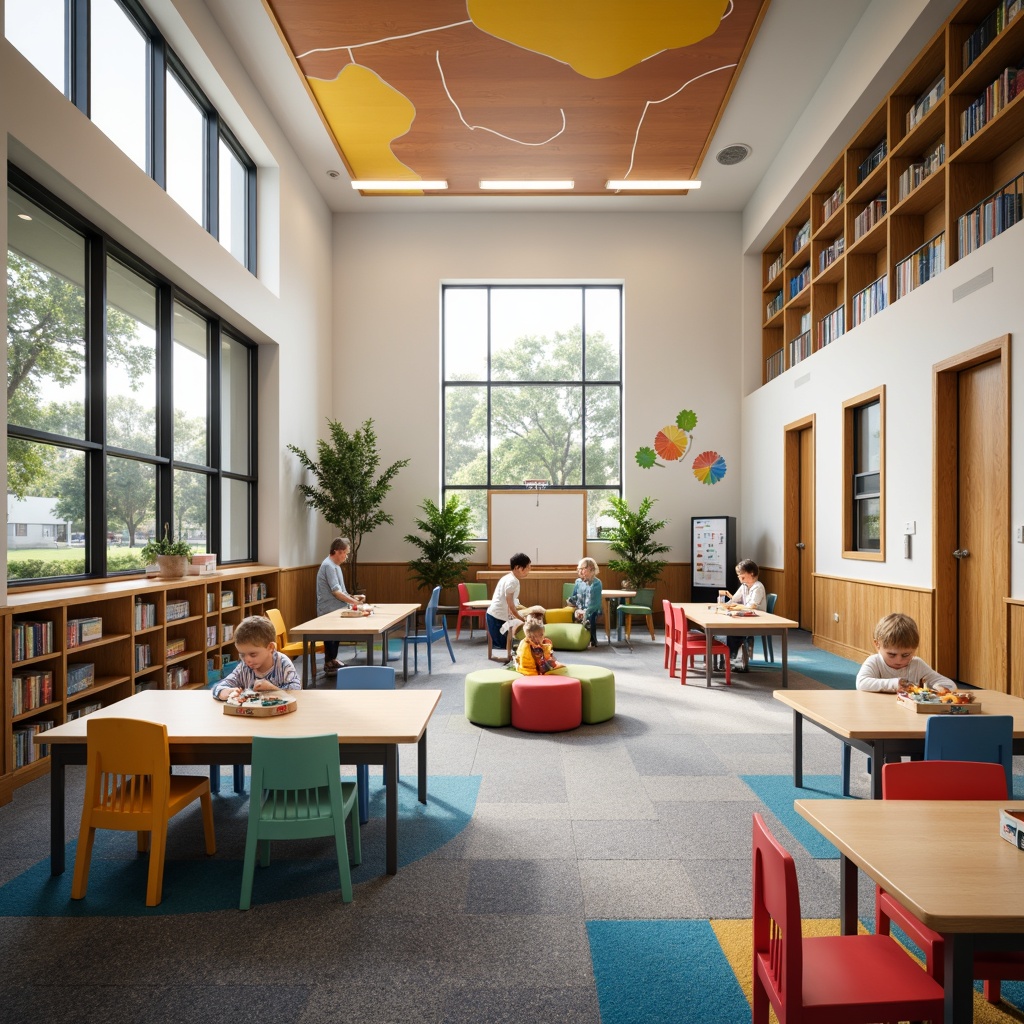 Prompt: Vibrant elementary school interior, colorful modular furniture, ergonomic chairs, collaborative worktables, interactive whiteboards, wooden bookshelves, cozy reading nooks, soft carpeted floors, natural wood accents, playful patterned rugs, flexible seating arrangements, adaptive learning spaces, inclusive classroom design, abundant natural light, warm LED lighting, shallow depth of field, 1/1 composition, realistic textures, ambient occlusion.