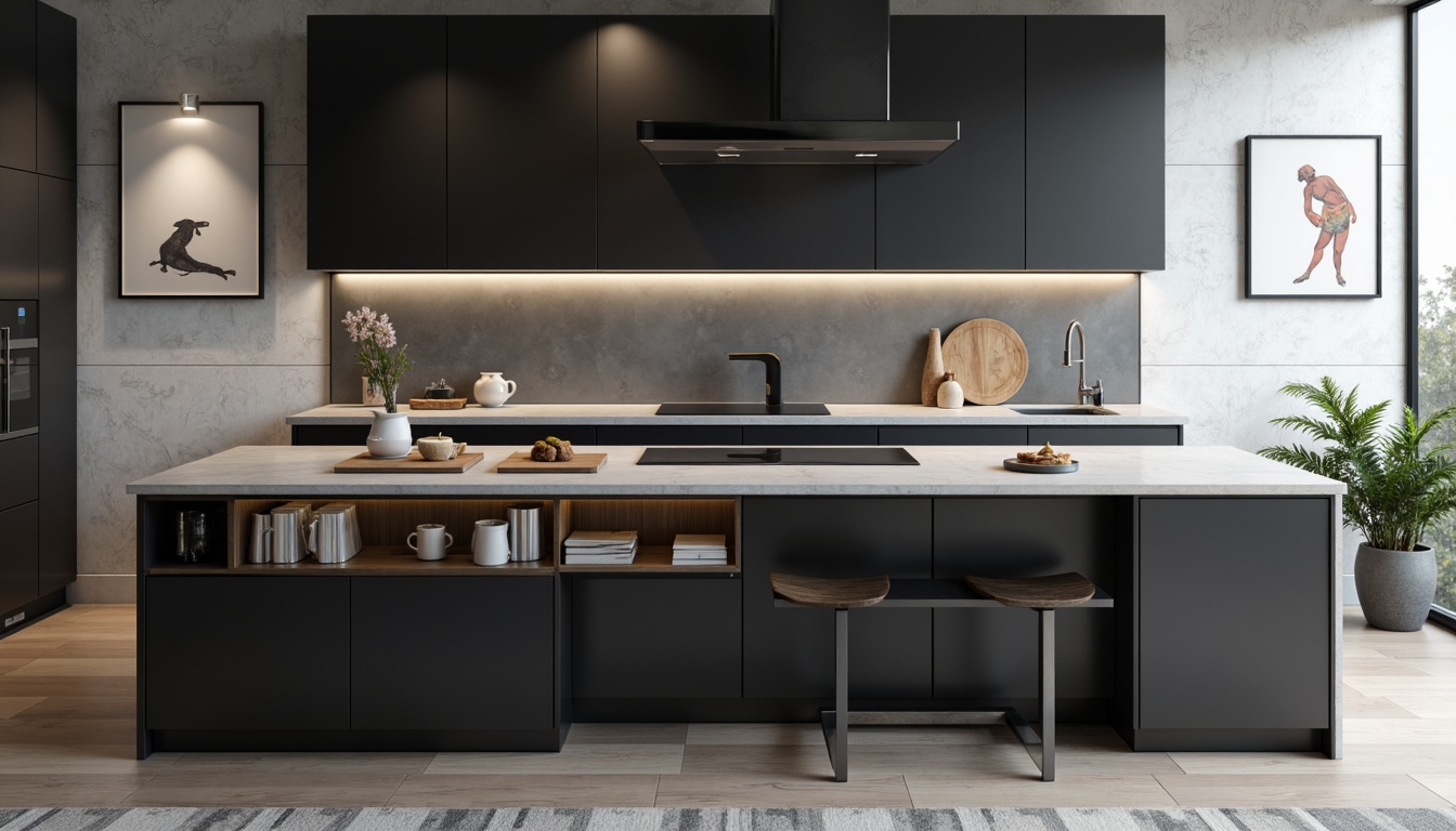 Prompt: Sleek kitchen island, modern cabinetry, matte black appliances, induction cooktop, wall-mounted range hood, minimalist faucets, quartz countertops, stainless steel backsplash, LED lighting, ambient under-cabinet illumination, polished chrome fixtures, streamlined sink design, monochromatic color scheme, neutral tones, Scandinavian-inspired aesthetic, functional layout, efficient workflow, high-gloss finish, contemporary hardware, geometric patterns, abstract art pieces, urban loft atmosphere, morning natural light, soft shadows, 1/1 composition, realistic reflections.