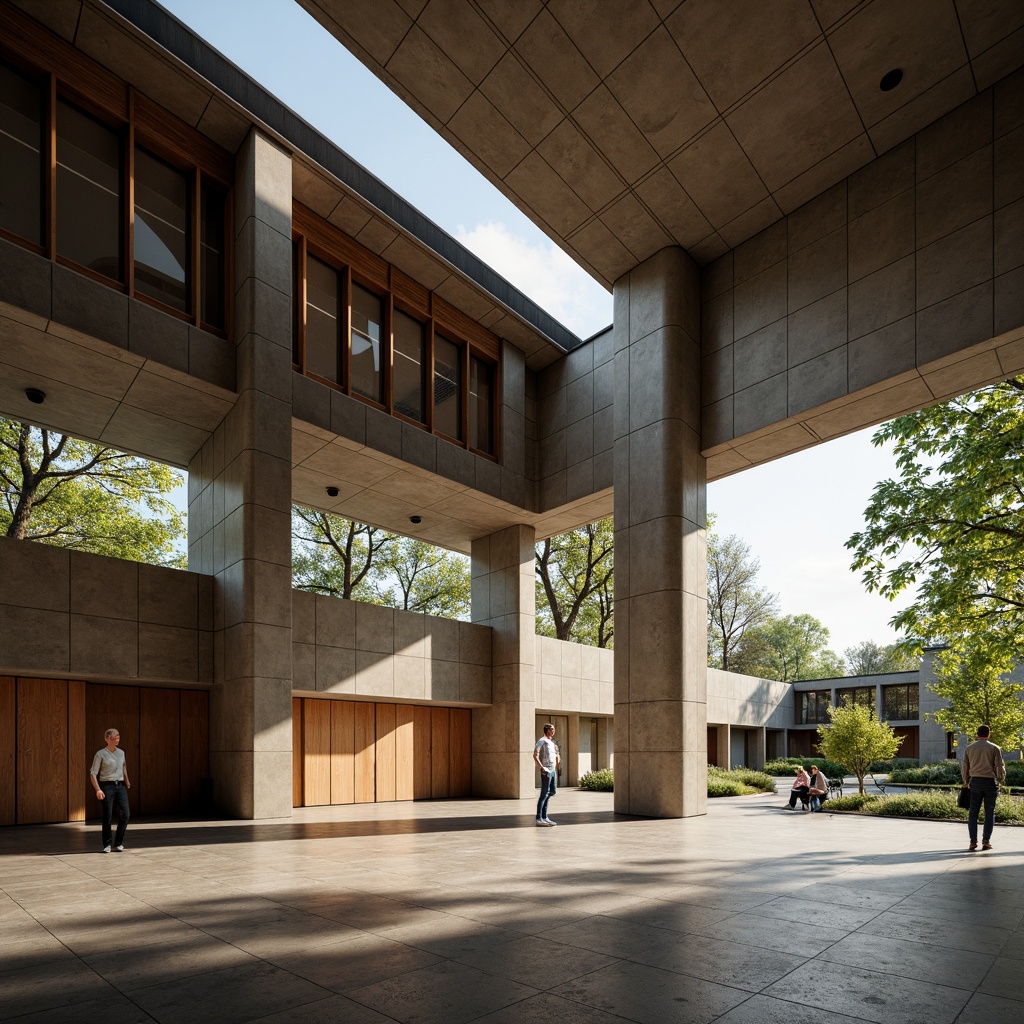 Prompt: Pavilion structure, Bauhaus architecture, brutalist concrete walls, industrial metal beams, wooden accents, geometric patterns, abstract textures, earthy color palette, natural light pouring in, dramatic shadows, 1/2 composition, shallow depth of field, realistic surface details, ambient occlusion.