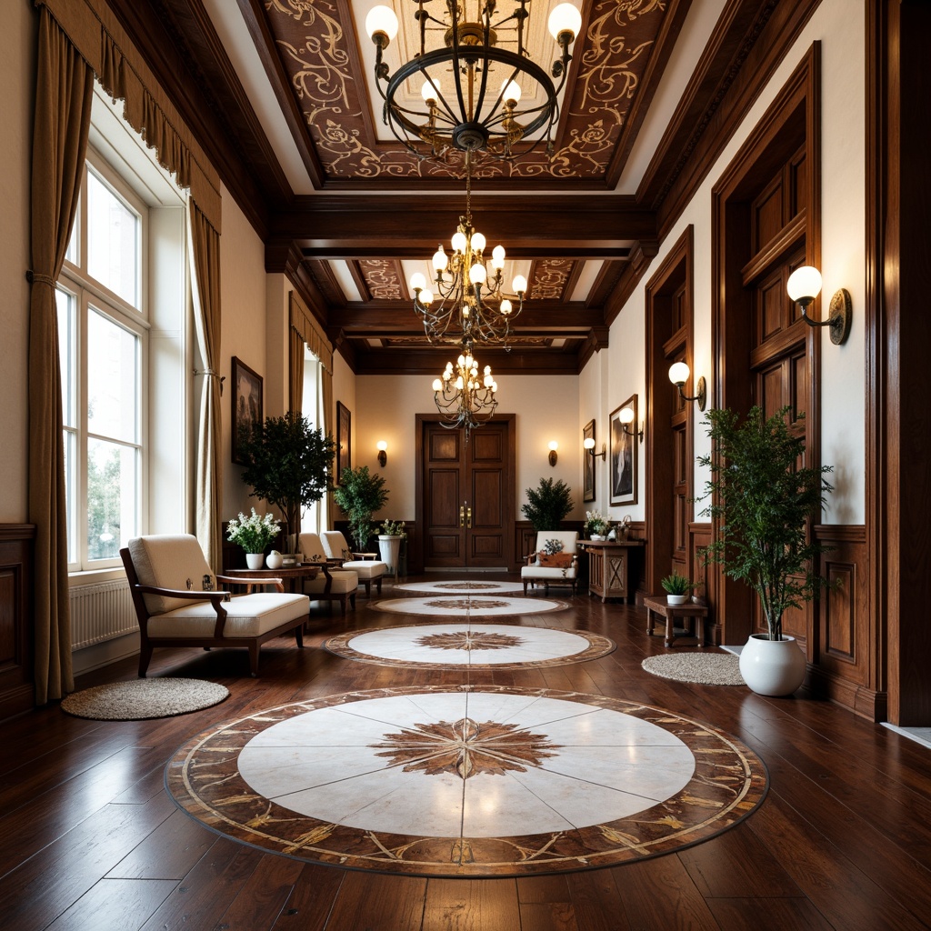 Prompt: Marble flooring, intricate inlays, herringbone patterns, dark hardwood floors, rich walnut tones, ornate rug designs, traditional furnishings, neoclassical architecture, grand chandeliers, high ceilings, ornate moldings, soft warm lighting, 3/4 composition, shallow depth of field, realistic textures, ambient occlusion.