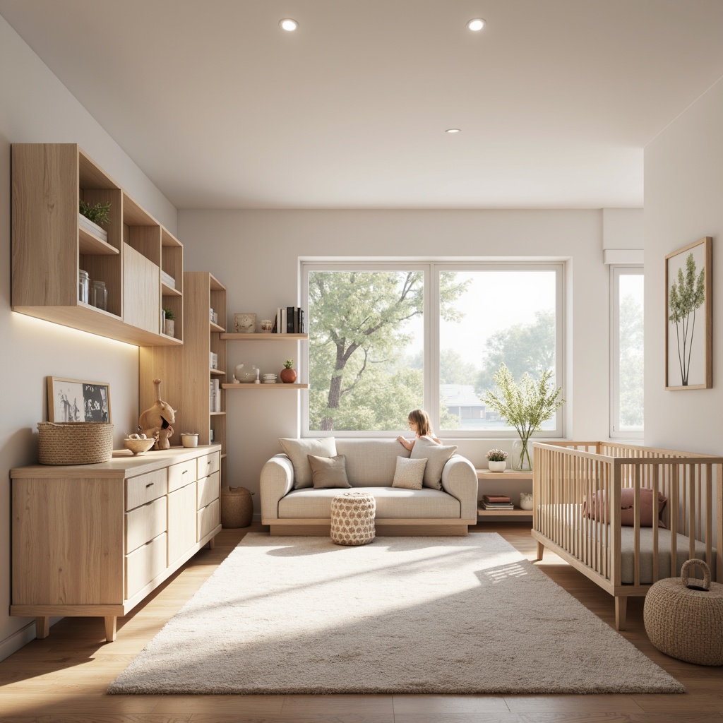 Prompt: Modern baby room, soft pastel colors, minimalist furniture, sleek cribs, convertible changing tables, plush area rugs, gentle curves, rounded edges, safety gates, storage ottomans, floating shelves, soft-close drawers, calming wall art, natural wood accents, cozy reading nook, oversized windows, warm afternoon sunlight, shallow depth of field, 1/1 composition, realistic textures, ambient occlusion.