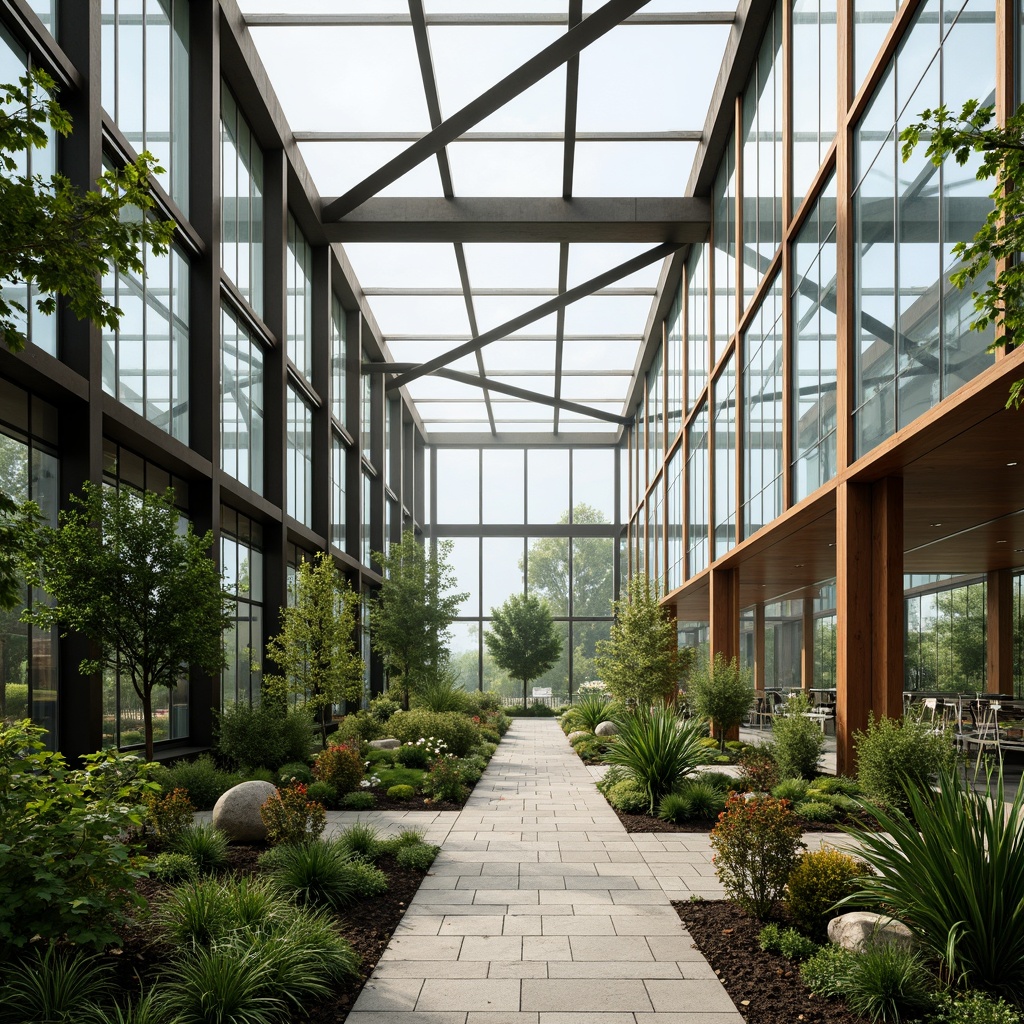 Prompt: Sleek greenhouse structure, transparent glass walls, minimalist steel frames, lush greenery, natural stone flooring, polished concrete pathways, warm wooden accents, industrial metal beams, soft diffused lighting, misty atmosphere, subtle shadows, 1/1 composition, realistic plant textures, ambient occlusion, serene ambiance, organic shapes, earthy tones, vibrant foliage, delicate flowers.