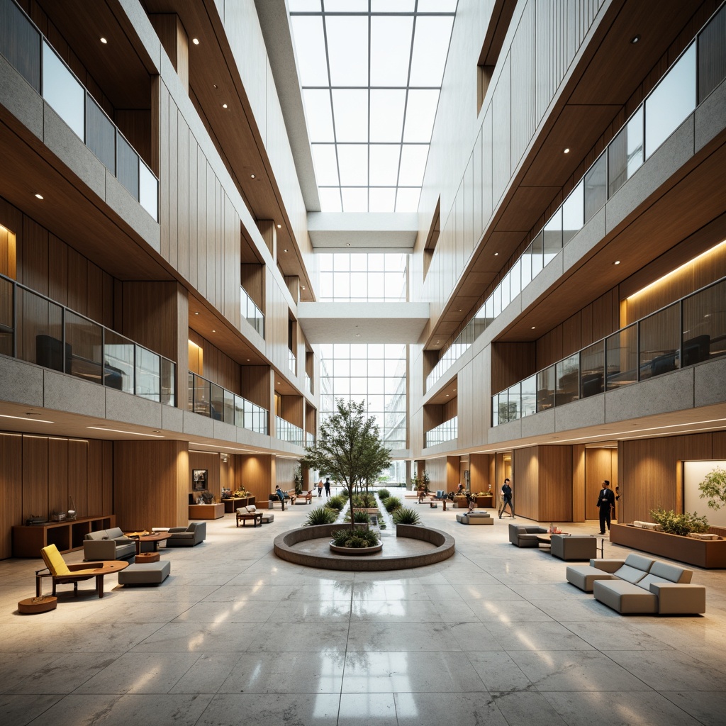 Prompt: Modern courthouse interior, sleek lines, minimalist decor, neutral color palette, polished marble floors, wooden accents, contemporary furniture, spacious atrium, natural light pouring in, subtle textures, ambient lighting, 3/4 composition, panoramic view, realistic reflections, high ceilings, open spaces, airy atmosphere, comfortable seating areas, acoustic panels, sound-absorbing materials, state-of-the-art technology integration, futuristic design elements, innovative material usage.