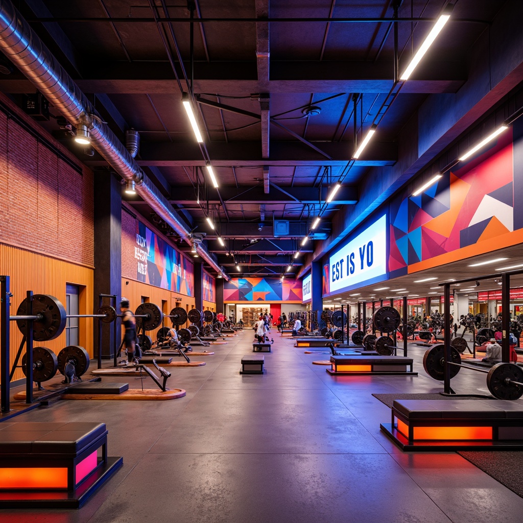 Prompt: Vibrant gym interior, postmodern architecture style, bold color blocking, geometric patterns, abstract shapes, high-contrast lighting, dramatic shadows, spotlights on athletic equipment, softboxes for ambient glow, LED strip lights under benches, futuristic fluorescent lights, neon accents, metallic reflections, polished concrete floors, industrial-style ductwork, exposed brick walls, motivational quotes on walls, dynamic camera angles, shallow depth of field, 2/3 composition, warm color temperature, high-key lighting.