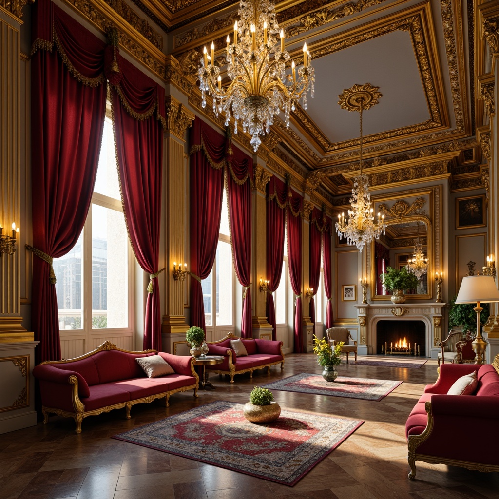 Prompt: Opulent palace interior, ornate gold accents, crystal chandeliers, lavish furnishings, velvet drapes, intricate carvings, marble floors, stylish candelabras, ornamental mirrors, soft warm glow, ambient lighting, 1/1 composition, realistic textures, shallow depth of field, luxurious atmosphere, French Renaissance inspirations.