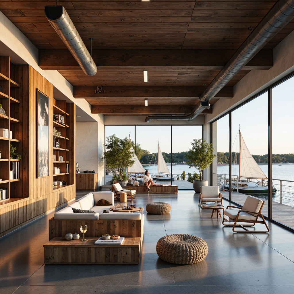 Prompt: Waterfront boathouse, open floor plan, modern rustic decor, wooden accents, nautical elements, large windows, sliding glass doors, natural light, lake or ocean views, cozy reading nooks, built-in shelving, minimalist furnishings, industrial-style lighting, polished concrete floors, reclaimed wood ceilings, exposed ductwork, waterfront decks, outdoor seating areas, sailboat or yacht-inspired design, vintage nautical artifacts, soft warm color palette, shallow depth of field, 3/4 composition, panoramic view, realistic textures, ambient occlusion.