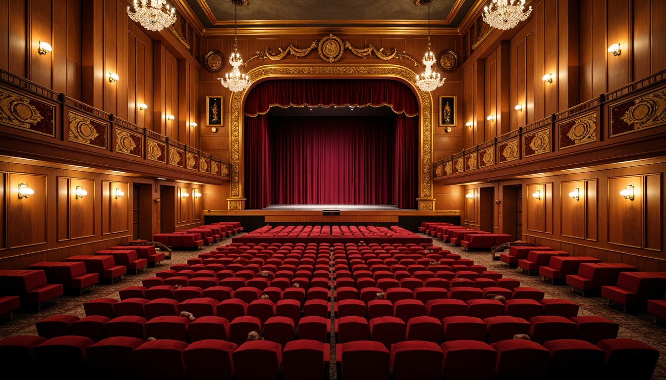 Prompt: Elegant theater interior, wooden acoustic panels, sound-absorbing materials, velvet curtains, golden balconies, ornate chandeliers, plush red seats, dimmed lighting, subtle ambient glow, shallow depth of field, 1/2 composition, warm neutral color palette, richly textured fabrics, refined wood accents, sophisticated sound systems, optimal audio quality, precise sound wave control, acoustic resonance mitigation.