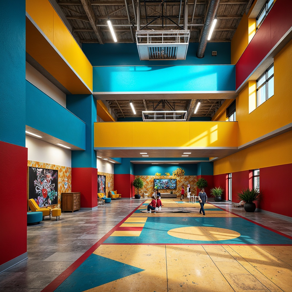 Prompt: Vibrant gymnasium interior, postmodernist architecture style, bold color blocking, bright neon hues, electric blue walls, sunshine yellow accents, deep crimson columns, metallic silver trim, geometric patterned floors, abstract graffiti murals, industrial-style lighting fixtures, exposed ductwork, distressed concrete textures, eclectic mix of vintage and modern furniture, dynamic diagonal compositions, high-contrast shadows, gritty urban atmosphere, energetic and playful ambiance.