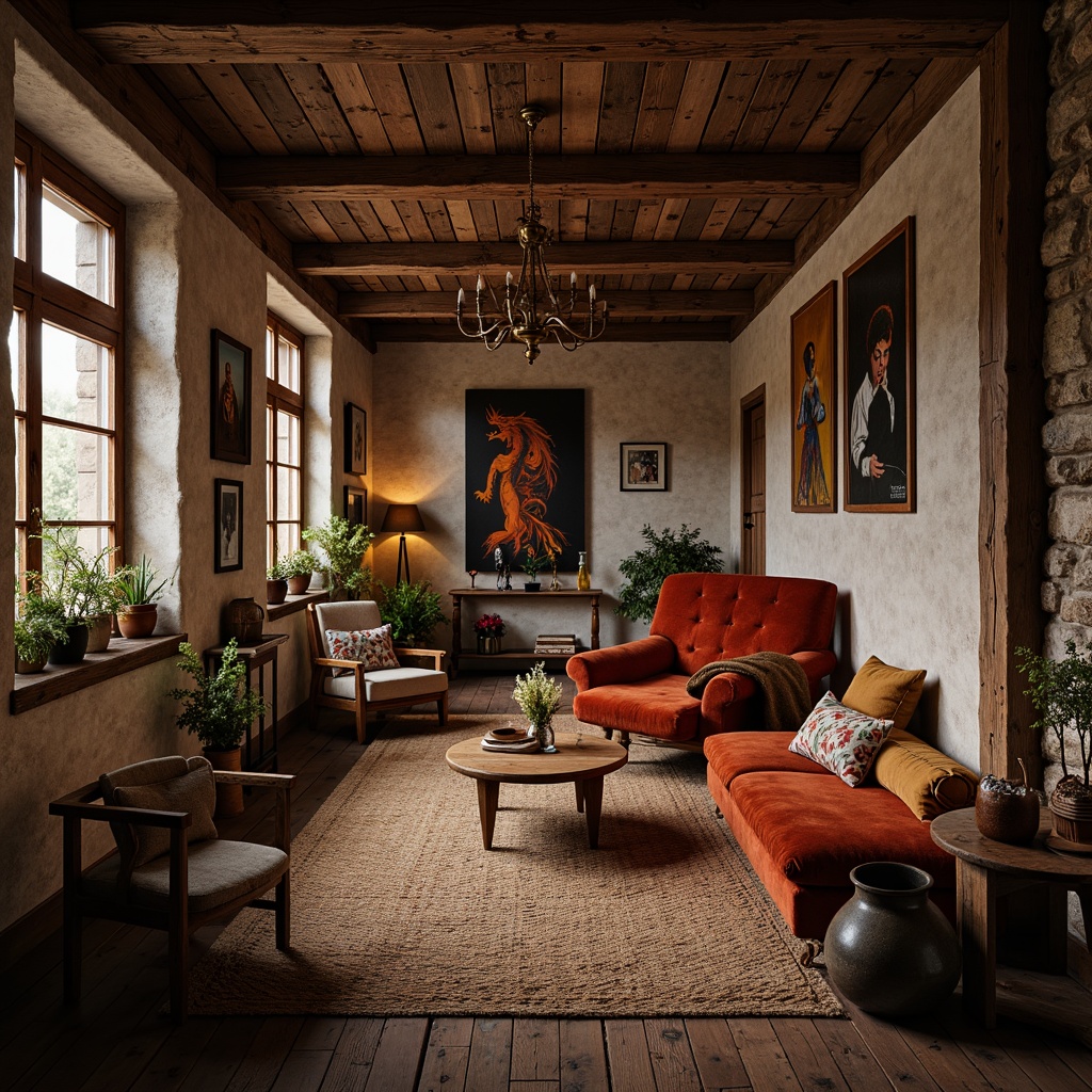 Prompt: Rustic-chic interior, reclaimed wood accents, distressed wooden beams, natural stone walls, earthy color palette, warm candlelight, woven textiles, vintage furniture pieces, rich velvet fabrics, ornate metal fixtures, antique decorative items, soft diffused lighting, 1/2 composition, shallow depth of field, warm atmospheric perspective.