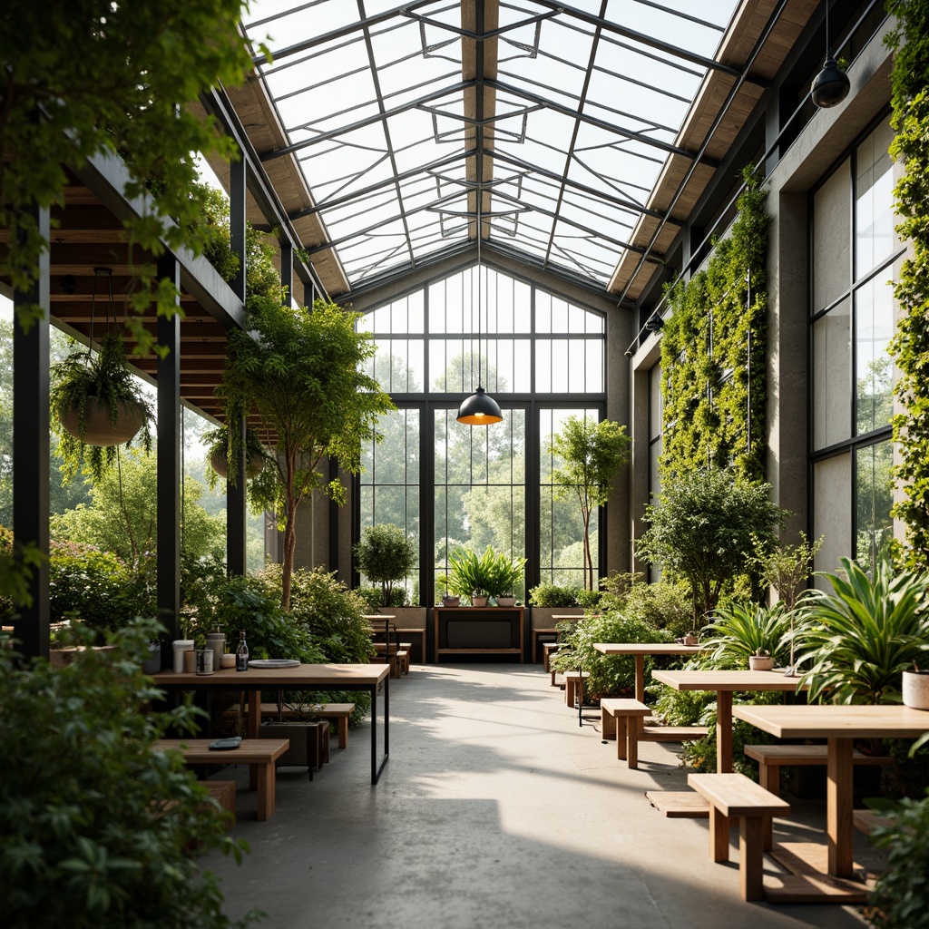 Prompt: Minimalist greenhouse interior, lush greenery, natural light filtering, industrial metal frames, reclaimed wood accents, sleek glass tables, modern ergonomic chairs, potted plants, hanging botanicals, living walls, earthy color palette, organic textures, soft warm lighting, shallow depth of field, 1/1 composition, realistic rendering, ambient occlusion.